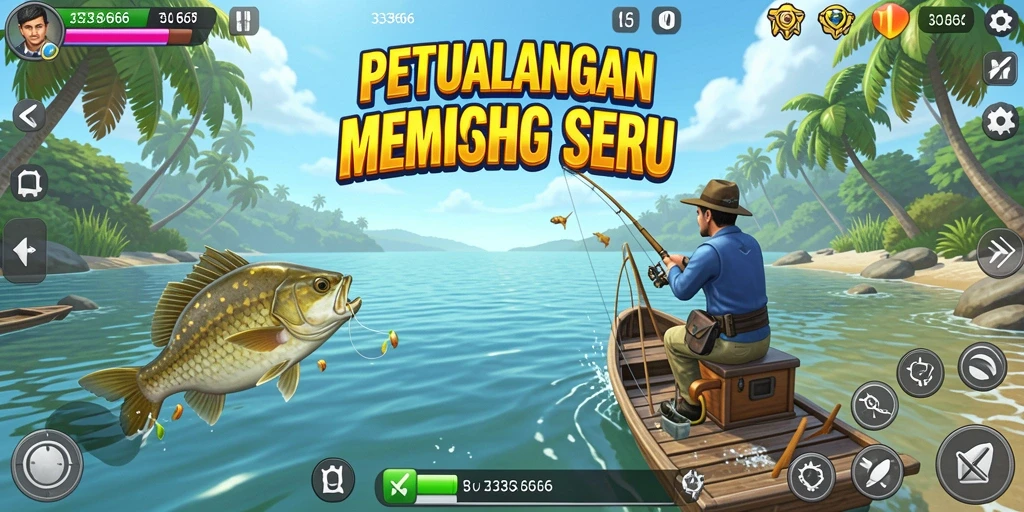 Screenshot utama 333666 menunjukkan serunya gameplay memancing di lautan.
