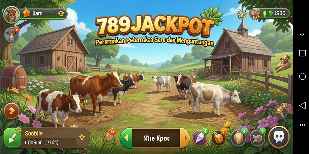 Tampilan gameplay 789JACKPOT dengan ladang yang subur dan hewan peliharaan.