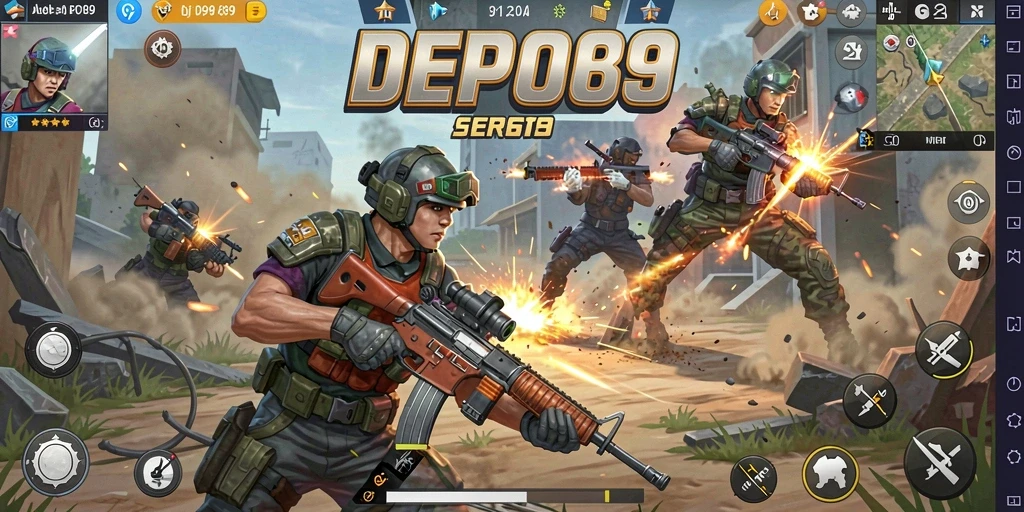 Screenshot utama DEPO89 menampilkan aksi pertempuran intens Battle Royale.