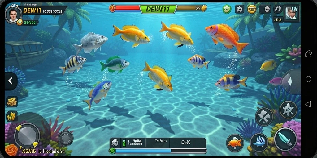 Screenshot gameplay DEWI11 menampilkan aksi seru menembak ikan.