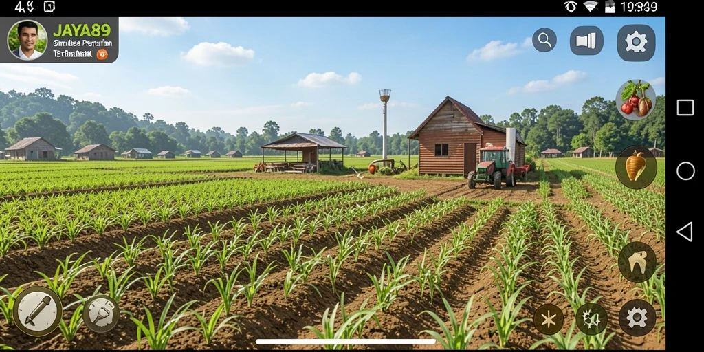 Tampilan gameplay JAYA89 yang menampilkan ladang dan peternakan.
