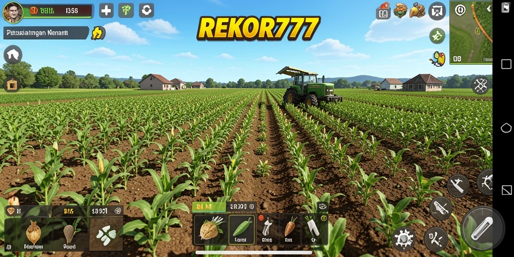 Tampilan gameplay <strong>REKOR777</strong> dengan lahan pertanian yang indah dan beragam tanaman.