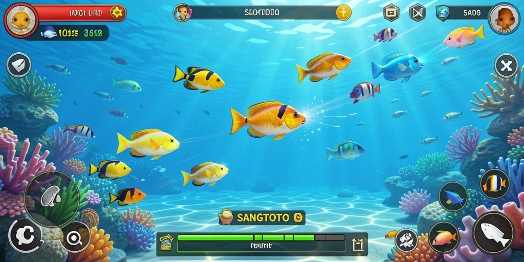 Tangkapan layar gameplay SANGTOTO dengan ikan berwarna-warni.