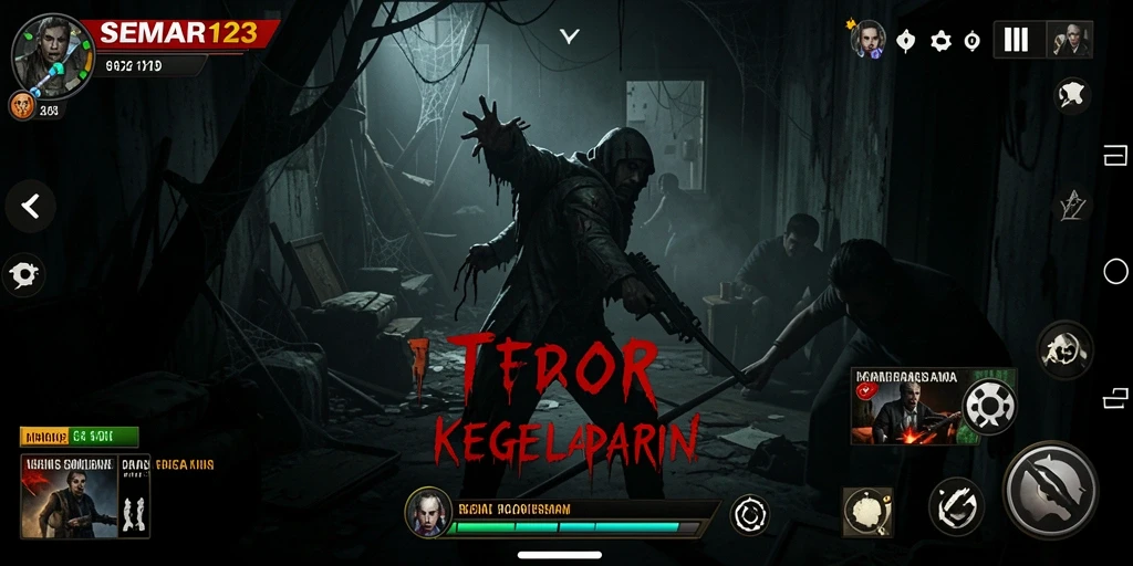 Screenshot dramatis dari gameplay menakutkan SEMAR123 dengan suasana horor.